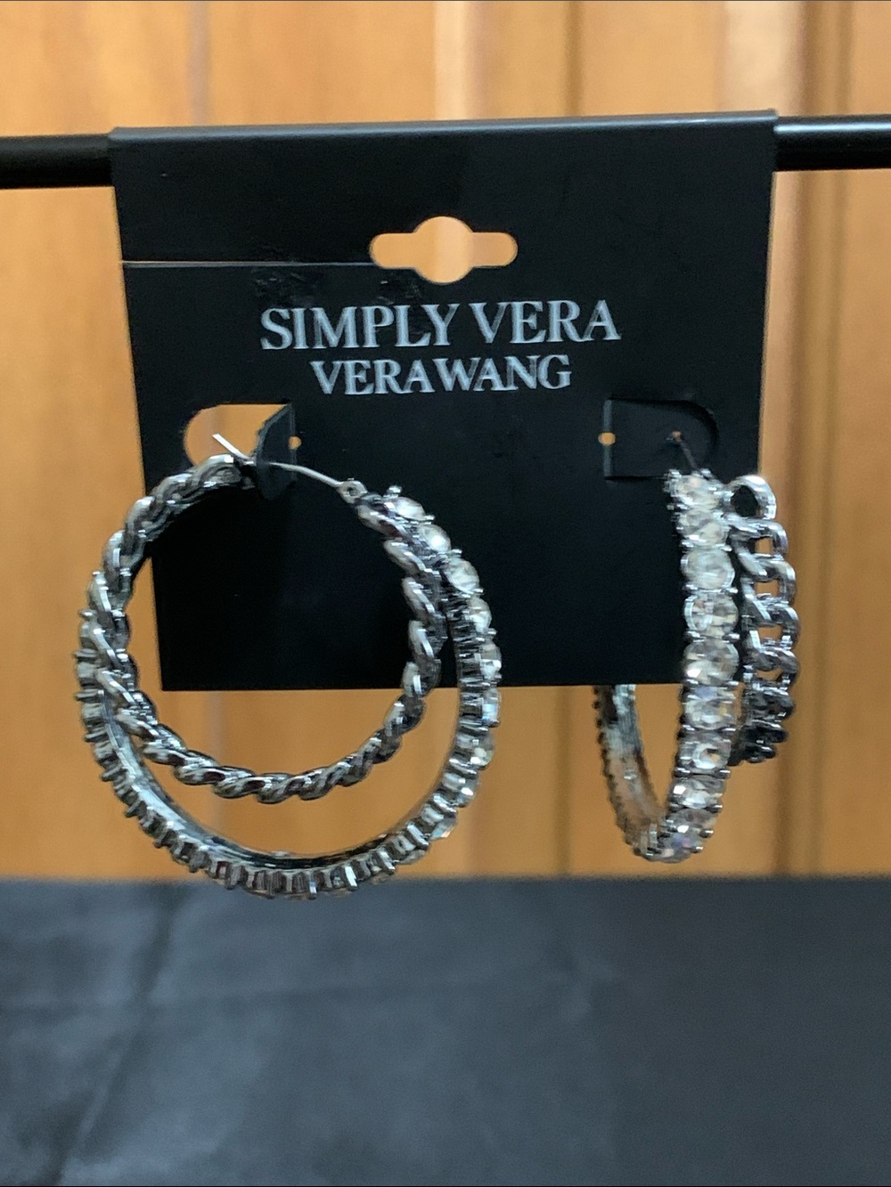 NWT Simply Vera Vera Wang gun metal tone clear stone hoop earrings
